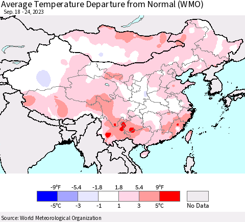China, Mongolia and Taiwan Average Temperature Departure from Normal (WMO) Thematic Map For 9/18/2023 - 9/24/2023