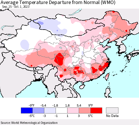 China, Mongolia and Taiwan Average Temperature Departure from Normal (WMO) Thematic Map For 9/25/2023 - 10/1/2023