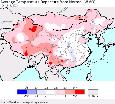 China, Mongolia and Taiwan Average Temperature Departure from Normal (WMO) Thematic Map For 10/2/2023 - 10/8/2023