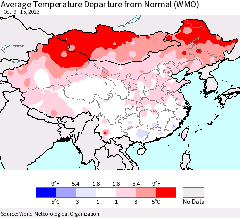 China, Mongolia and Taiwan Average Temperature Departure from Normal (WMO) Thematic Map For 10/9/2023 - 10/15/2023