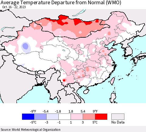 China, Mongolia and Taiwan Average Temperature Departure from Normal (WMO) Thematic Map For 10/16/2023 - 10/22/2023