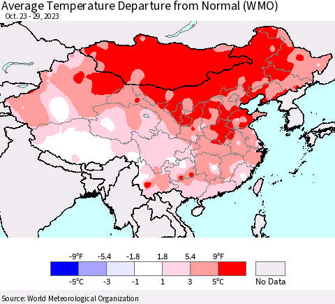China, Mongolia and Taiwan Average Temperature Departure from Normal (WMO) Thematic Map For 10/23/2023 - 10/29/2023