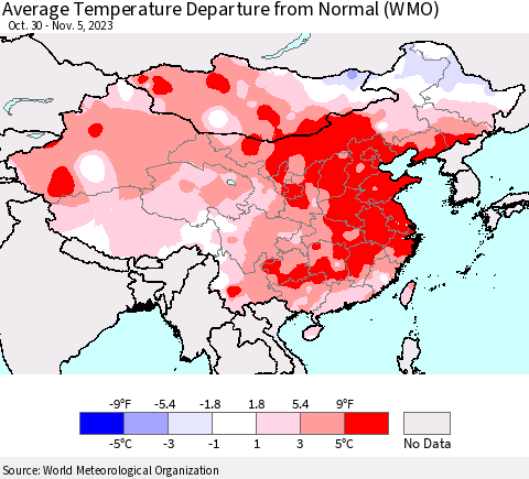 China, Mongolia and Taiwan Average Temperature Departure from Normal (WMO) Thematic Map For 10/30/2023 - 11/5/2023