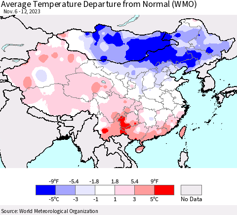 China, Mongolia and Taiwan Average Temperature Departure from Normal (WMO) Thematic Map For 11/6/2023 - 11/12/2023