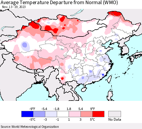 China, Mongolia and Taiwan Average Temperature Departure from Normal (WMO) Thematic Map For 11/13/2023 - 11/19/2023