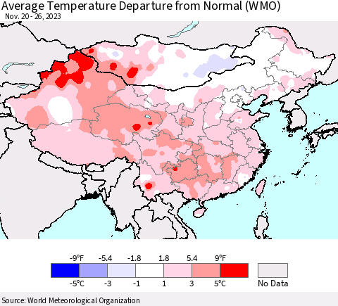 China, Mongolia and Taiwan Average Temperature Departure from Normal (WMO) Thematic Map For 11/20/2023 - 11/26/2023