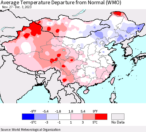 China, Mongolia and Taiwan Average Temperature Departure from Normal (WMO) Thematic Map For 11/27/2023 - 12/3/2023