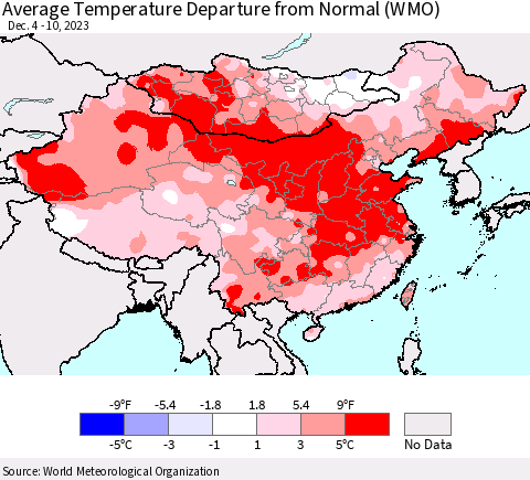China, Mongolia and Taiwan Average Temperature Departure from Normal (WMO) Thematic Map For 12/4/2023 - 12/10/2023