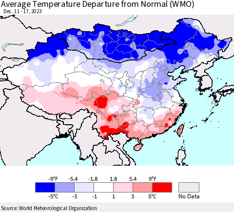 China, Mongolia and Taiwan Average Temperature Departure from Normal (WMO) Thematic Map For 12/11/2023 - 12/17/2023