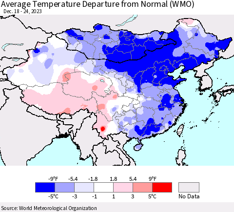 China, Mongolia and Taiwan Average Temperature Departure from Normal (WMO) Thematic Map For 12/18/2023 - 12/24/2023