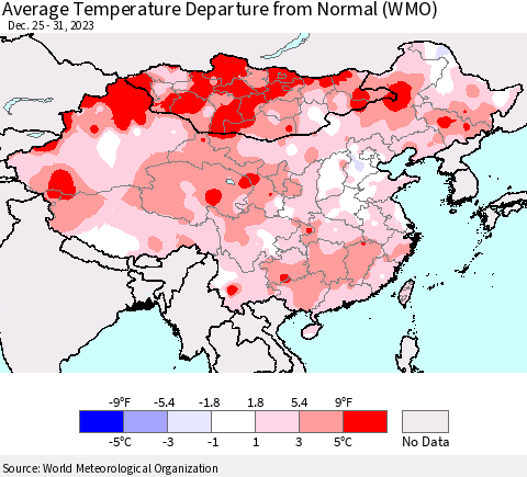 China, Mongolia and Taiwan Average Temperature Departure from Normal (WMO) Thematic Map For 12/25/2023 - 12/31/2023