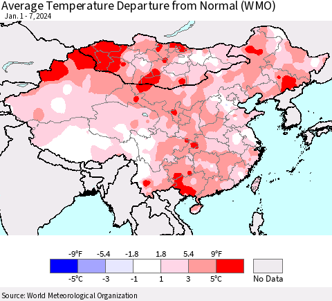 China, Mongolia and Taiwan Average Temperature Departure from Normal (WMO) Thematic Map For 1/1/2024 - 1/7/2024