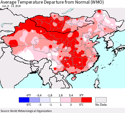China, Mongolia and Taiwan Average Temperature Departure from Normal (WMO) Thematic Map For 1/8/2024 - 1/14/2024