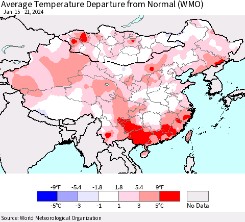 China, Mongolia and Taiwan Average Temperature Departure from Normal (WMO) Thematic Map For 1/15/2024 - 1/21/2024