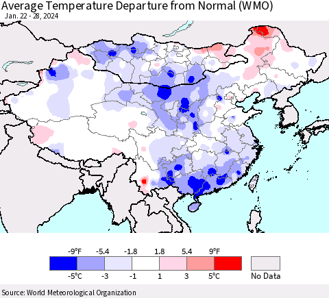 China, Mongolia and Taiwan Average Temperature Departure from Normal (WMO) Thematic Map For 1/22/2024 - 1/28/2024