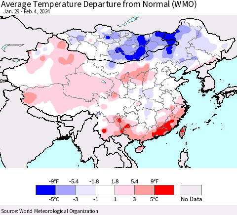 China, Mongolia and Taiwan Average Temperature Departure from Normal (WMO) Thematic Map For 1/29/2024 - 2/4/2024