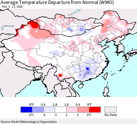 China, Mongolia and Taiwan Average Temperature Departure from Normal (WMO) Thematic Map For 2/5/2024 - 2/11/2024