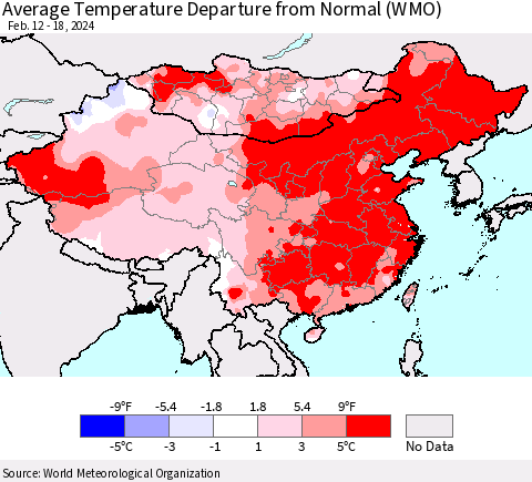 China, Mongolia and Taiwan Average Temperature Departure from Normal (WMO) Thematic Map For 2/12/2024 - 2/18/2024