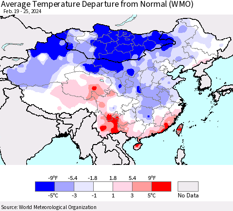 China, Mongolia and Taiwan Average Temperature Departure from Normal (WMO) Thematic Map For 2/19/2024 - 2/25/2024
