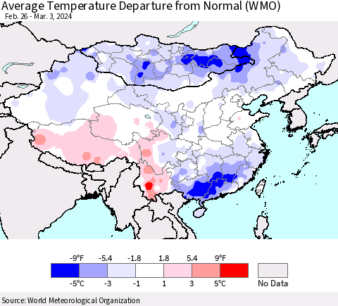 China, Mongolia and Taiwan Average Temperature Departure from Normal (WMO) Thematic Map For 2/26/2024 - 3/3/2024