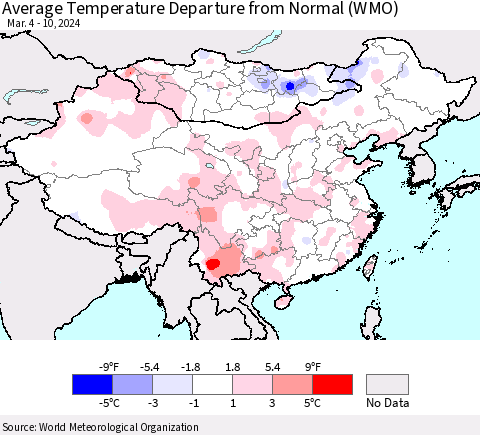 China, Mongolia and Taiwan Average Temperature Departure from Normal (WMO) Thematic Map For 3/4/2024 - 3/10/2024