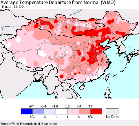 China, Mongolia and Taiwan Average Temperature Departure from Normal (WMO) Thematic Map For 3/11/2024 - 3/17/2024