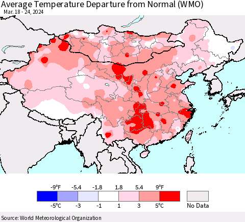 China, Mongolia and Taiwan Average Temperature Departure from Normal (WMO) Thematic Map For 3/18/2024 - 3/24/2024