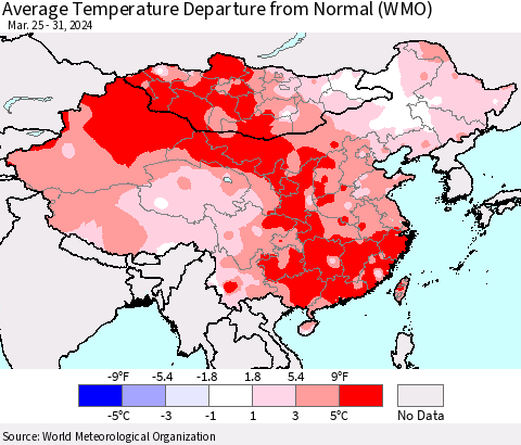 China, Mongolia and Taiwan Average Temperature Departure from Normal (WMO) Thematic Map For 3/25/2024 - 3/31/2024