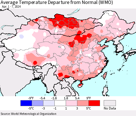 China, Mongolia and Taiwan Average Temperature Departure from Normal (WMO) Thematic Map For 4/1/2024 - 4/7/2024
