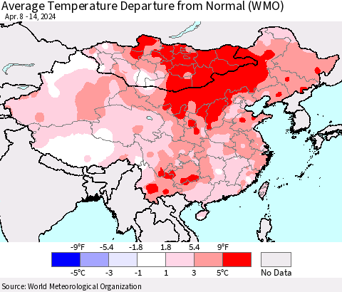 China, Mongolia and Taiwan Average Temperature Departure from Normal (WMO) Thematic Map For 4/8/2024 - 4/14/2024
