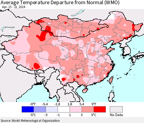 China, Mongolia and Taiwan Average Temperature Departure from Normal (WMO) Thematic Map For 4/15/2024 - 4/21/2024