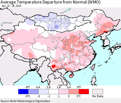 China, Mongolia and Taiwan Average Temperature Departure from Normal (WMO) Thematic Map For 4/22/2024 - 4/28/2024