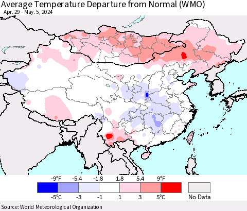 China, Mongolia and Taiwan Average Temperature Departure from Normal (WMO) Thematic Map For 4/29/2024 - 5/5/2024