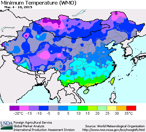China and Taiwan Minimum Temperature (WMO) Thematic Map For 3/4/2019 - 3/10/2019