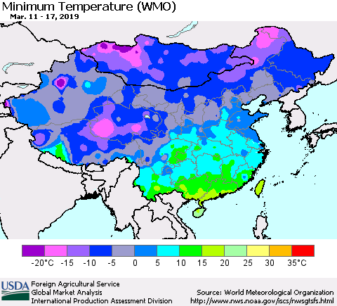 China and Taiwan Minimum Temperature (WMO) Thematic Map For 3/11/2019 - 3/17/2019