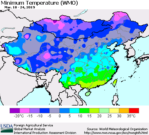 China and Taiwan Minimum Temperature (WMO) Thematic Map For 3/18/2019 - 3/24/2019