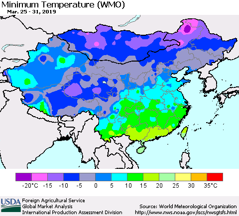 China and Taiwan Minimum Temperature (WMO) Thematic Map For 3/25/2019 - 3/31/2019