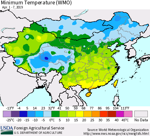 China and Taiwan Minimum Temperature (WMO) Thematic Map For 4/1/2019 - 4/7/2019
