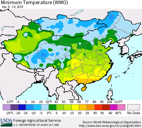 China and Taiwan Minimum Temperature (WMO) Thematic Map For 4/8/2019 - 4/14/2019