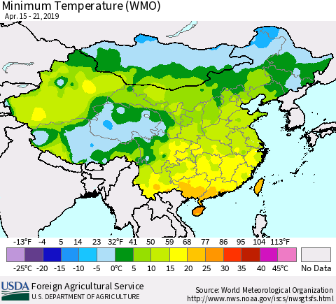China and Taiwan Minimum Temperature (WMO) Thematic Map For 4/15/2019 - 4/21/2019