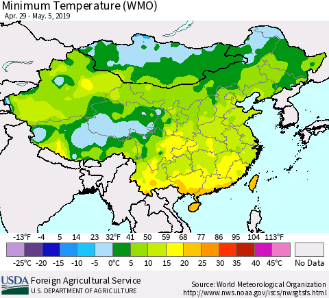China and Taiwan Minimum Temperature (WMO) Thematic Map For 4/29/2019 - 5/5/2019