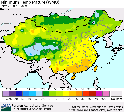 China and Taiwan Minimum Temperature (WMO) Thematic Map For 5/27/2019 - 6/2/2019