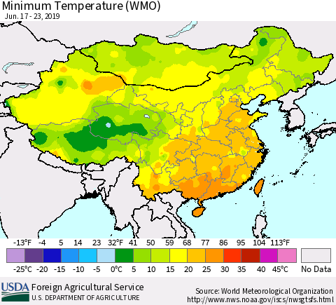 China and Taiwan Minimum Temperature (WMO) Thematic Map For 6/17/2019 - 6/23/2019
