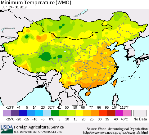 China and Taiwan Minimum Temperature (WMO) Thematic Map For 6/24/2019 - 6/30/2019