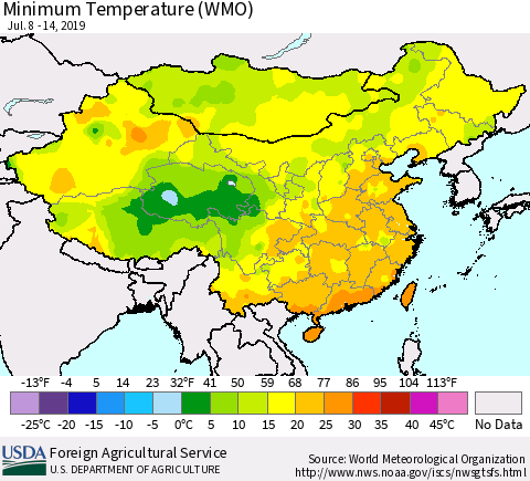 China and Taiwan Minimum Temperature (WMO) Thematic Map For 7/8/2019 - 7/14/2019