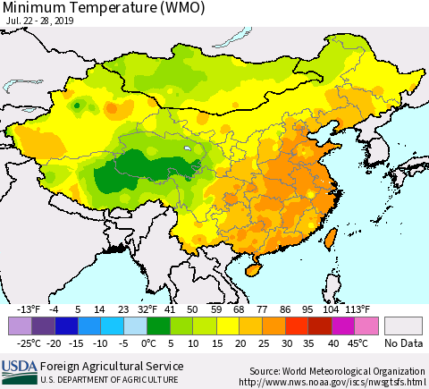 China and Taiwan Minimum Temperature (WMO) Thematic Map For 7/22/2019 - 7/28/2019