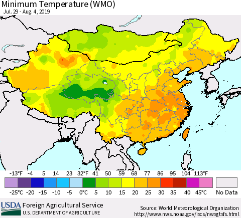 China and Taiwan Minimum Temperature (WMO) Thematic Map For 7/29/2019 - 8/4/2019