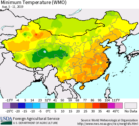 China and Taiwan Minimum Temperature (WMO) Thematic Map For 8/5/2019 - 8/11/2019