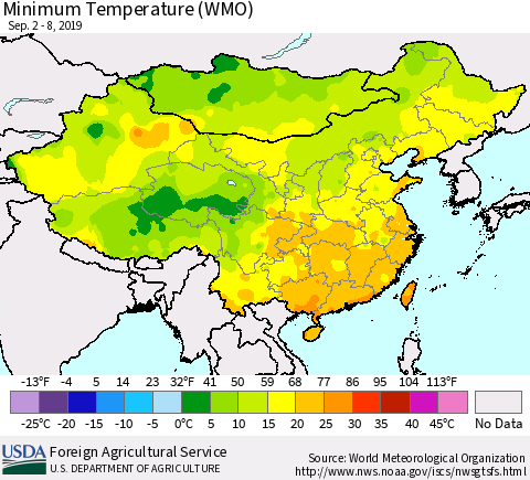 China and Taiwan Minimum Temperature (WMO) Thematic Map For 9/2/2019 - 9/8/2019