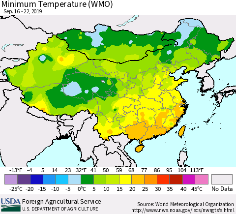 China and Taiwan Minimum Temperature (WMO) Thematic Map For 9/16/2019 - 9/22/2019